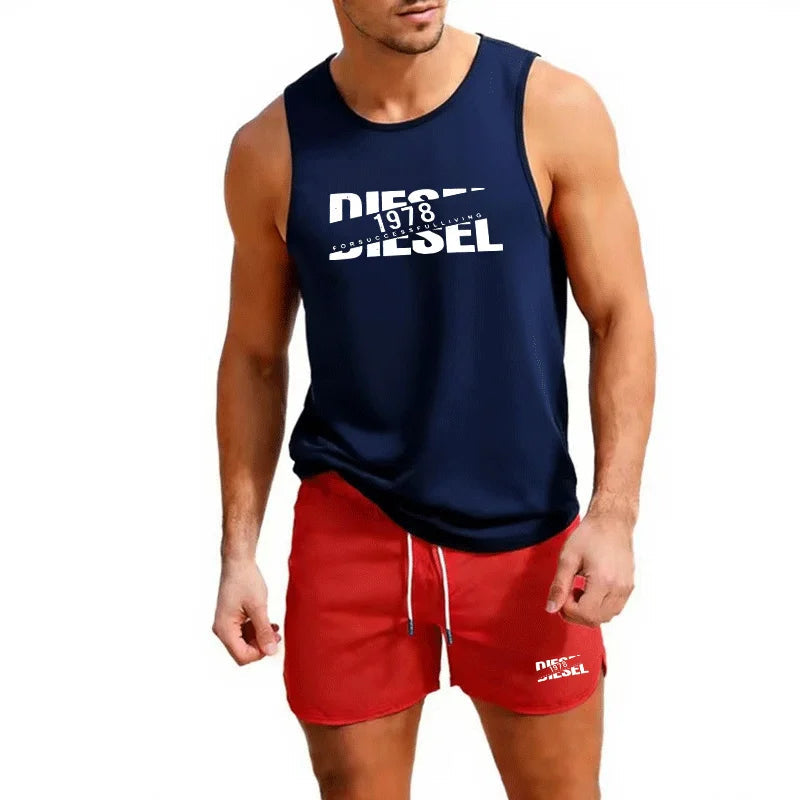 Summer Casual Trendy Tank Set Outdoor Jogging Basketball Training Sportswear European Size Vest+Beach Shorts Men&