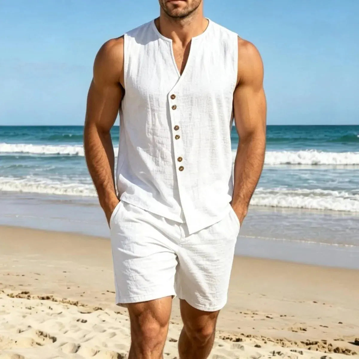 Men Simple Solid Linen Sleeveless Vest Shirt Shorts Set Summer Beach Casual Outfit Khamik Shop Online