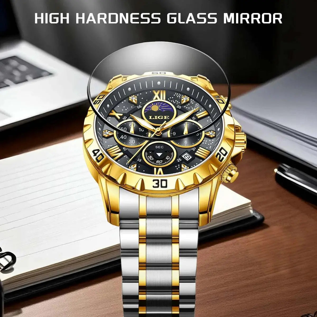 LIGE Top Brand Luxury Quartz Man Watch Casual Sport Waterproof Stainless Luminous Chronograph 24H Moon Phase Watches for Men+Box Khamik Shop Online