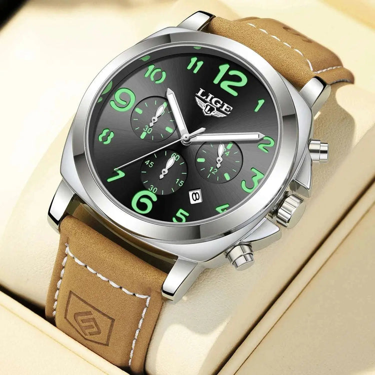 LIGE Casual Outdoor Quartz Man Watch Fashion Sport Waterproof Luminous Auto Date Leather Strap Wristwatch for Men Male Gifts Box Khamik Shop Online