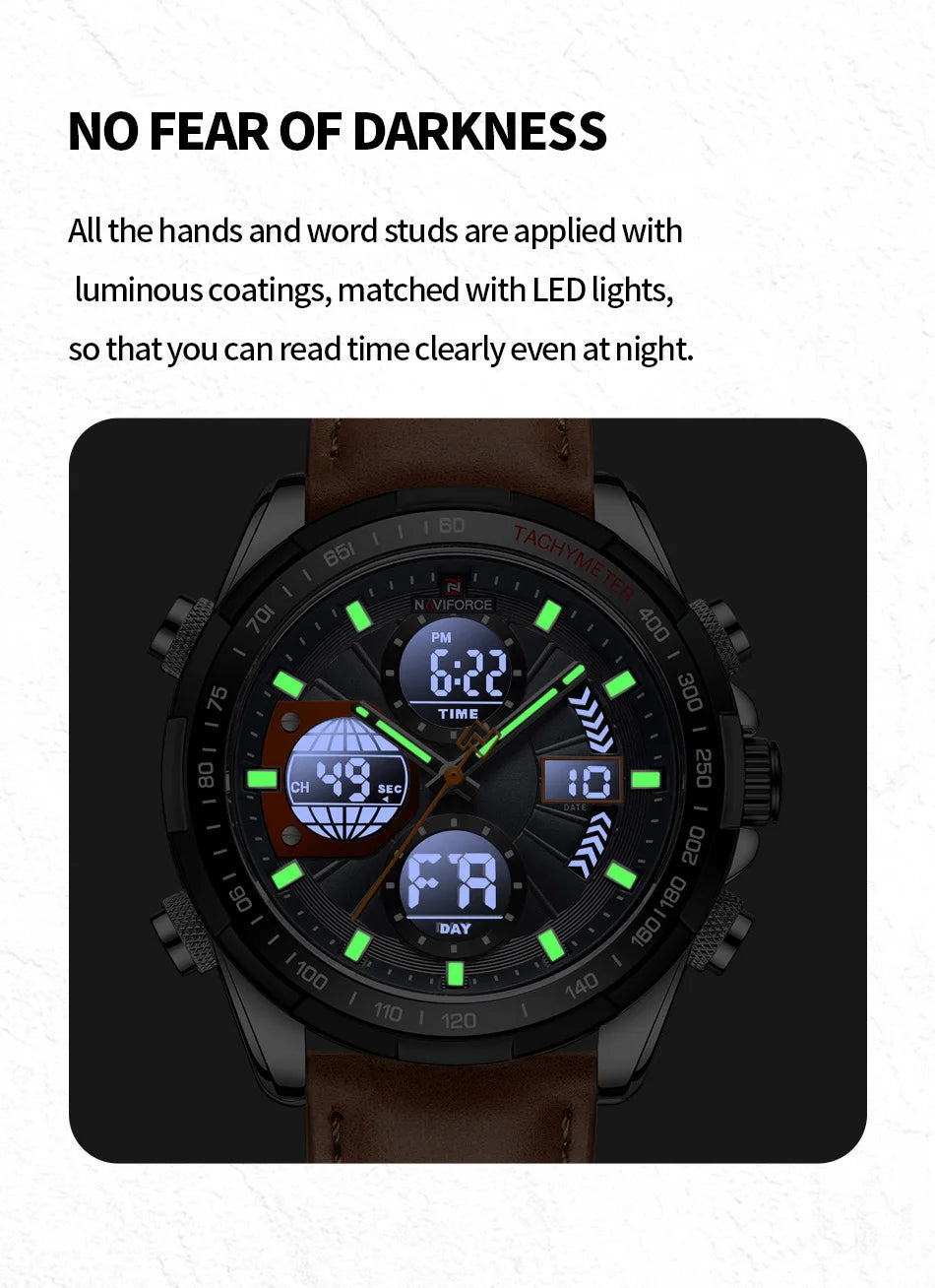2022  Sport Watches for Men Strong Luminous Dual Display Waterproof Quartz Genuine Leather Wristwatch Relogio Masculino