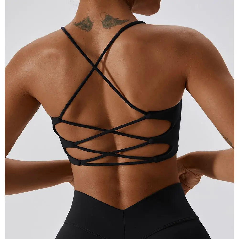 Solid Color U-Shaped Multi-Strap Cross Back Women Fitness Sports Bra Top Gym Yoga Athletic Tight Workout Jog Soft With Chest Pad Khamik Shop Online