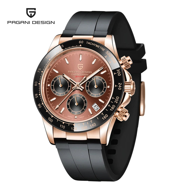 PAGANI DESIGN Men Quartz Chronograph Watch RoseGold Case Black Ceramic Bezel Brown Dial Rubber Strap Waterproof Sports watch+box Khamik Shop Online