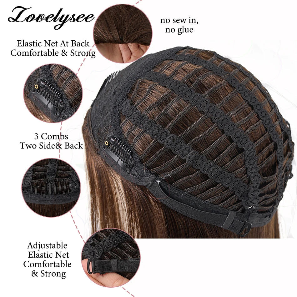Lovelysee 3/4 Half Wig Human Hair With Clip in Hair Extensions Silky Straight Remy Hair Brown Color Soft 150% 180% Wig For Women Khamik Shop Online
