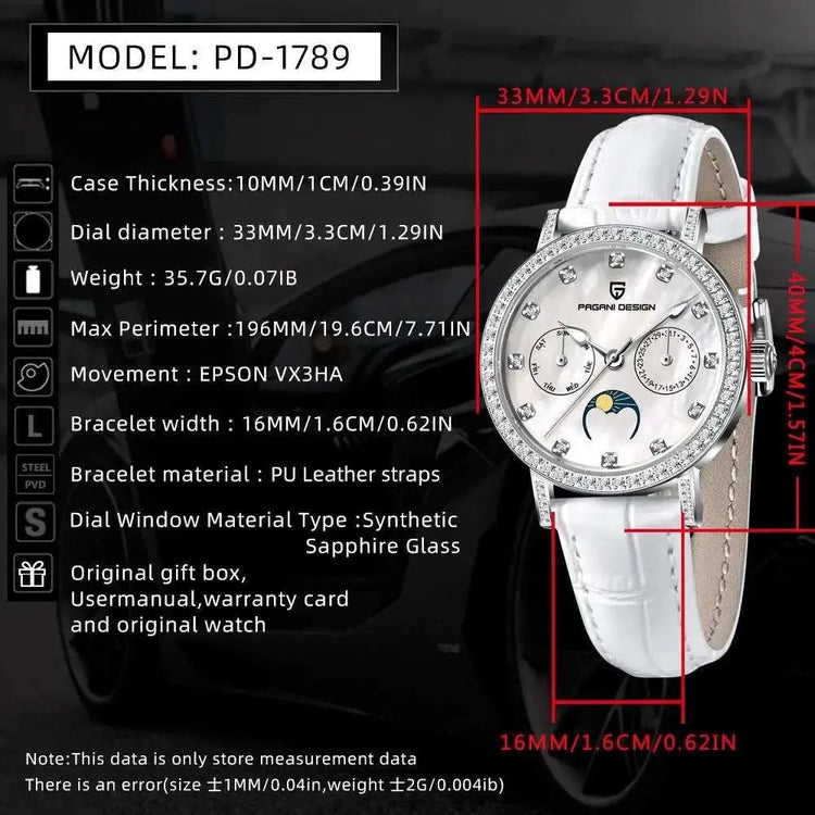 PAGANI DESIGN Women Quartz Watch Mop Dial Diamond Bezel Moon Phase Week Date Multi-function 50M Waterproof White Leather watch Khamik Shop Online