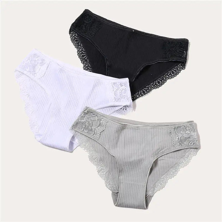 3PCS/Set 6 Color Women Panties Cotton Lace Briefs Solid Color for Female Striped Sexy Cotton Underwear Lingerie Low Waist Flower Khamik Shop Online
