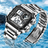 LIGE Fashion Casual Electronic Man Watch Sports Waterproof Luminous Alarm Stainless Steel Band Digital Men&