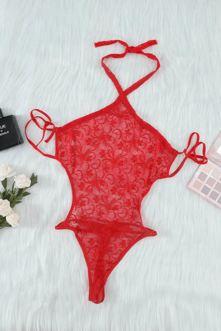 Halter Neck Backless Strappy Lace Teddy Jade