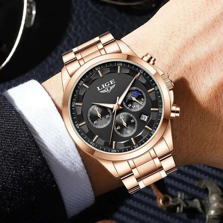 LIGE Luxury Fashion Quartz Man Watch Classic Business Auto Date Gentlemen Steel Band Moon Phase Waterproof Watches for Men Male Khamik Shop Online