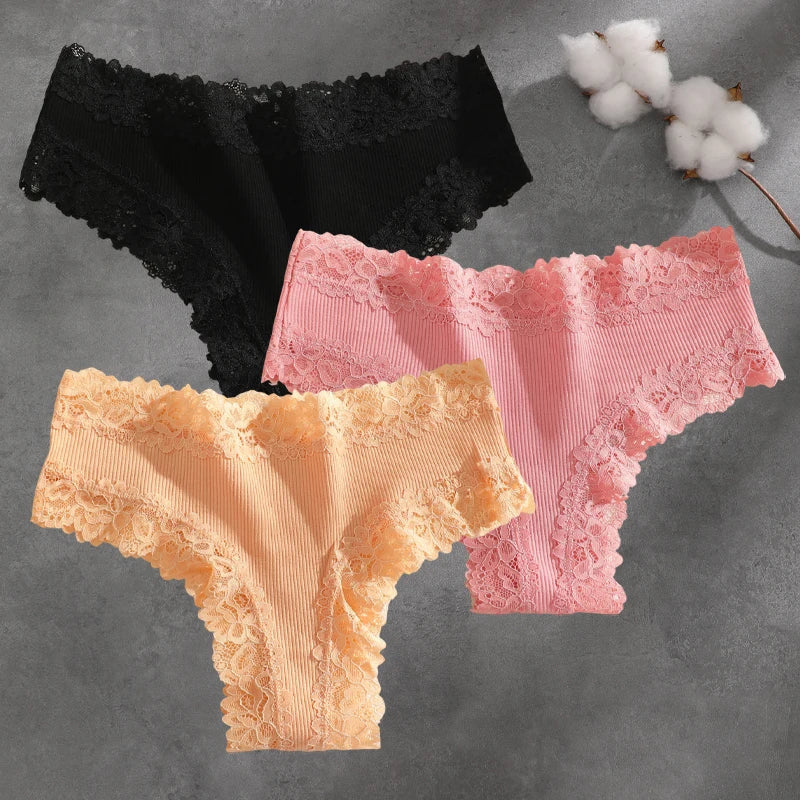 3Pcs Cotton Lace Patchwork Bikini Panties Women Seamless Floral Print Brazilian Pants Low Waist Breathable Female Sexy Lingerie Khamik Shop Online