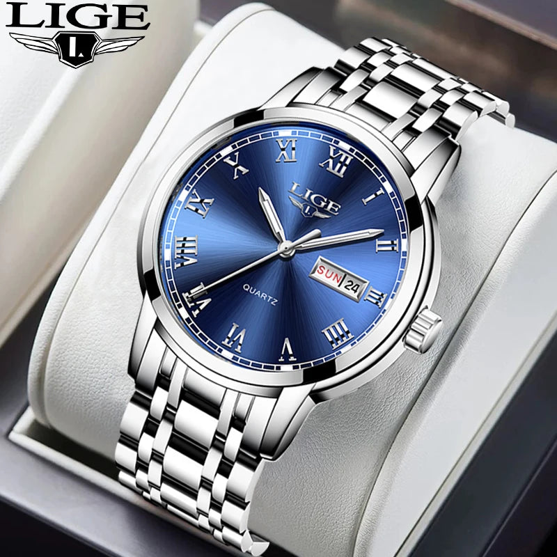 LIGE Top Brand Luxury Quartz Man Watch Fashion Business Stainless Steel Watches for Men Waterproof Casual Auto Date Weeks Clocks
