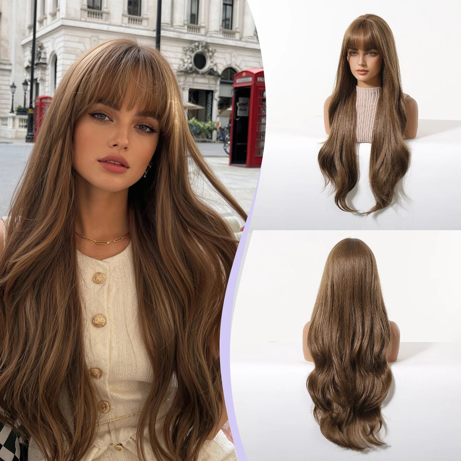 LOUIS FERRE Long Wavy Ombre Brown Wig with Bangs Synthetic Hair Wig Heat Resistant Daily Wear Office Party Cosplay Halloween Khamik Shop Online