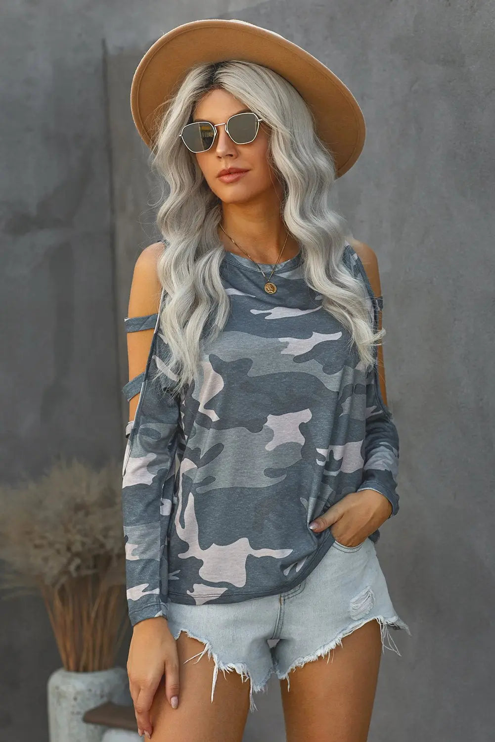Camouflage Shoulder To Hollow Out Long Sleeve Top Jade