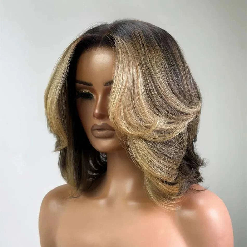 Bob Wig Human Hair Honey Blonde Highlights Layered Wig With Face-Framing Bangs Short 5X5 Hd Lace Closure Wigs For Women 12 Inch Khamik Shop Online