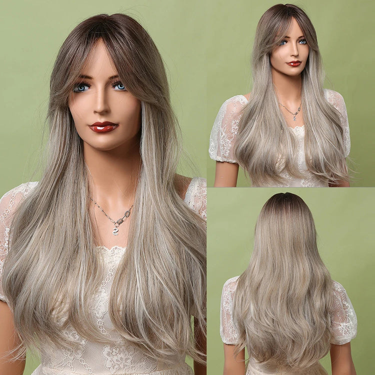 LOUIS FERRE Long Wavy Ombre Brown Wig with Bangs Synthetic Hair Wig Heat Resistant Daily Wear Office Party Cosplay Halloween Khamik Shop Online