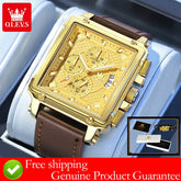 OLEVS brand mens watches waterproof Leather strap chronograph quartz watch for man date gold square dial genuine male wristwatch Khamik Shop Online