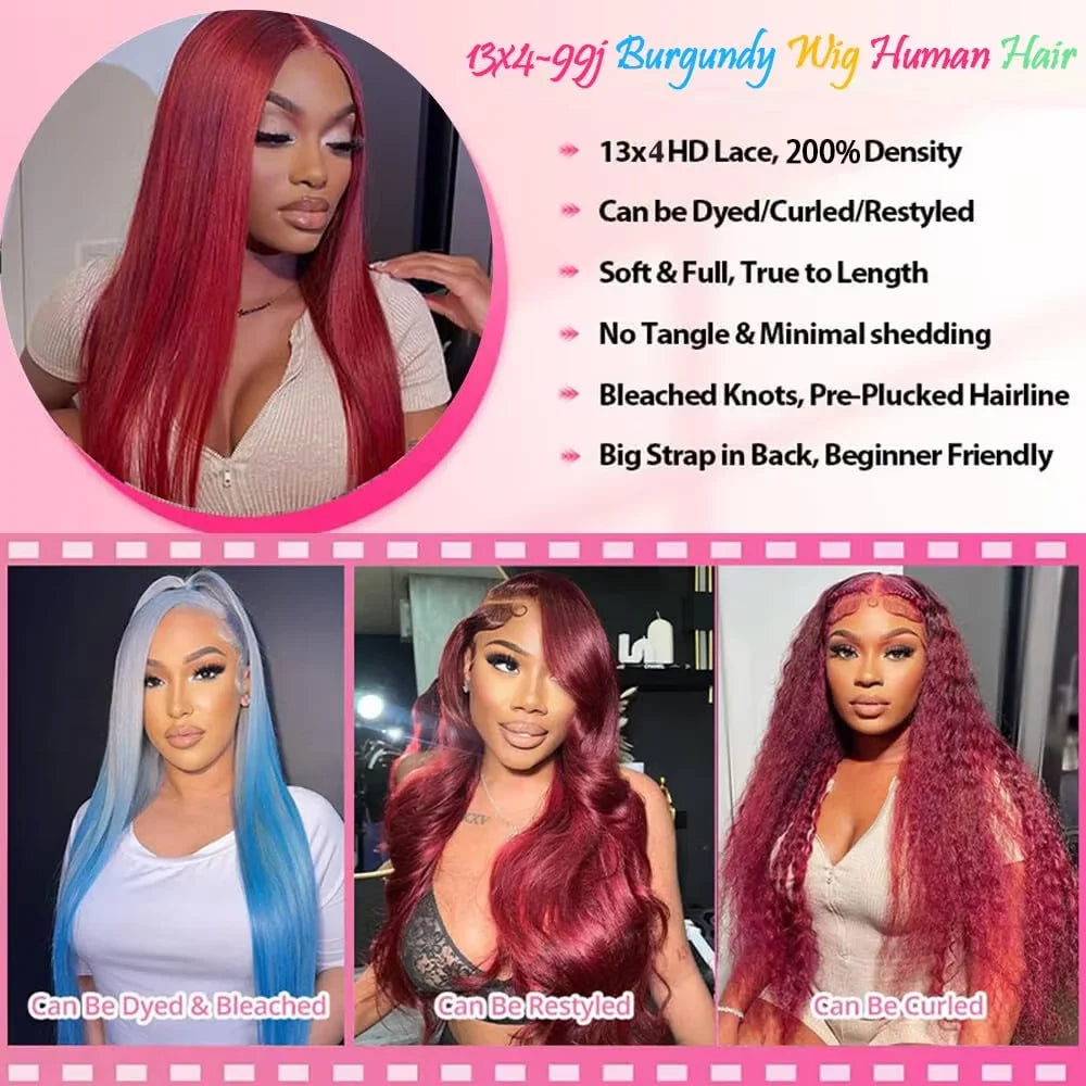 99J Burgundy Colored Human Hair 13x6 Transparent HD Lace Front Wig 40 42 Inches Brazilian Remy Hair Pre Plucked 13x4 Lace Frontal Wig For Women Khamik Shop Online
