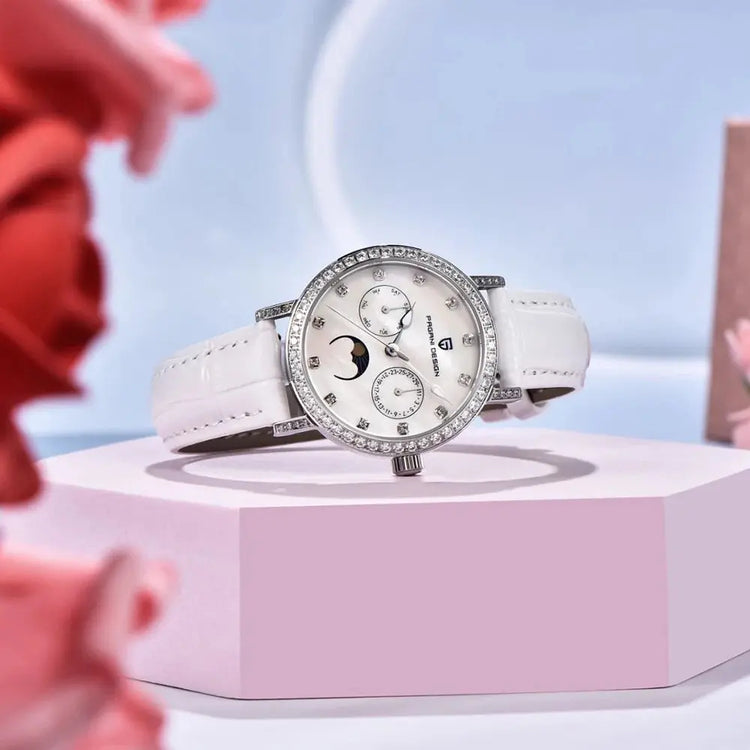 PAGANI DESIGN Women Quartz Watch Mop Dial Diamond Bezel Moon Phase Week Date Multi-function 50M Waterproof White Leather watch Khamik Shop Online