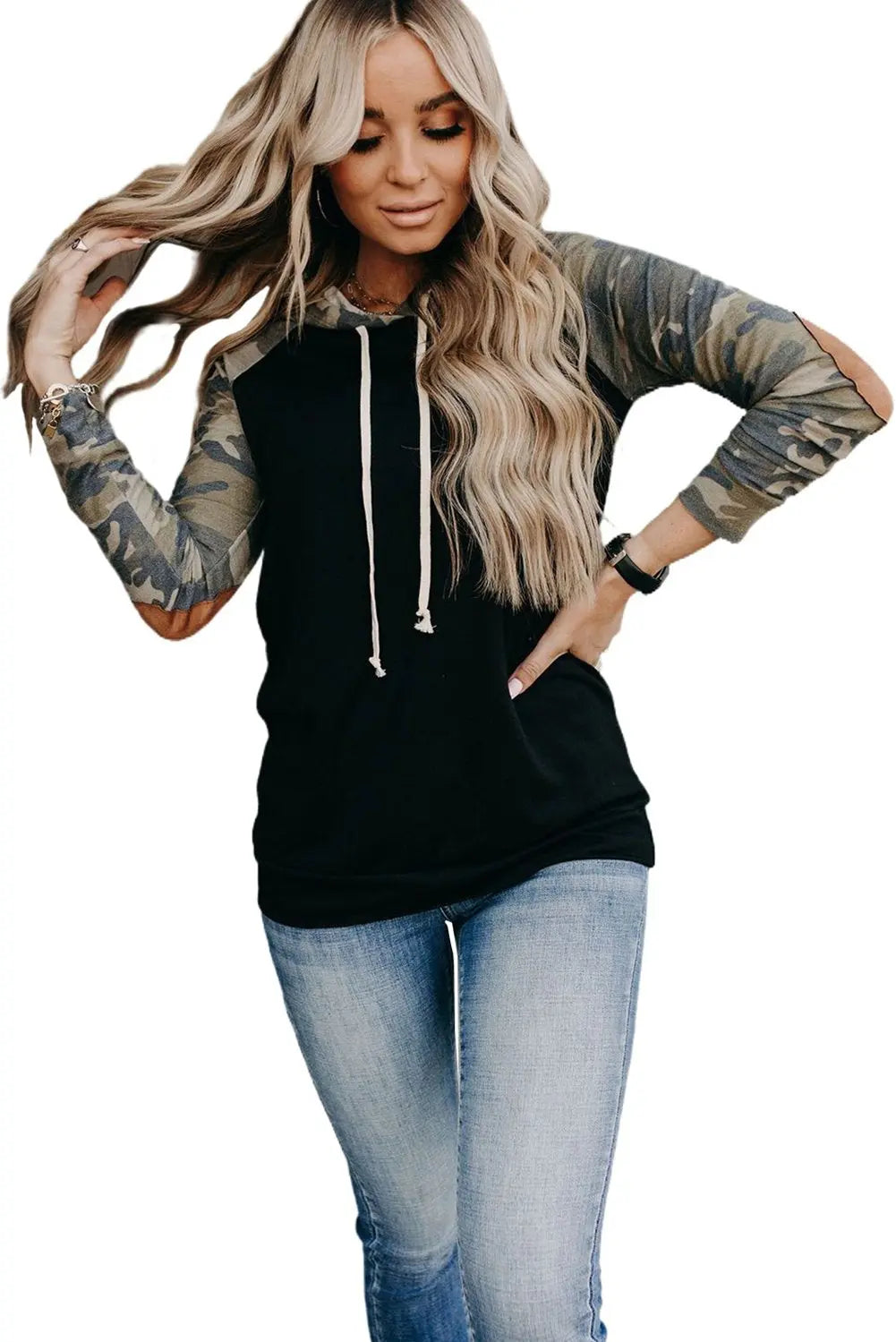 Camo Print Patchwork Hoodie Jade