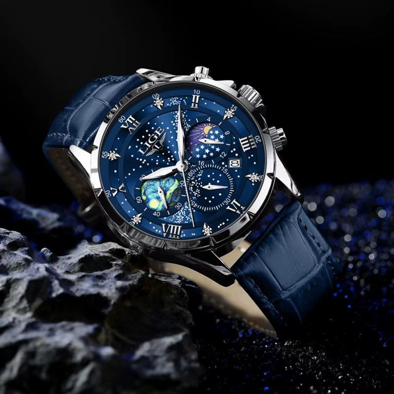New  Mens Watch Luxury Moon Phase Waterproof Date Clock Casual Blue Leather Quartz Wristwatches Men Chronograph Reloj Hombre