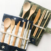 Bamboo Cutlery Set | Zero Waste Reusable | Washable Organic Cotton Ruby Caeneus