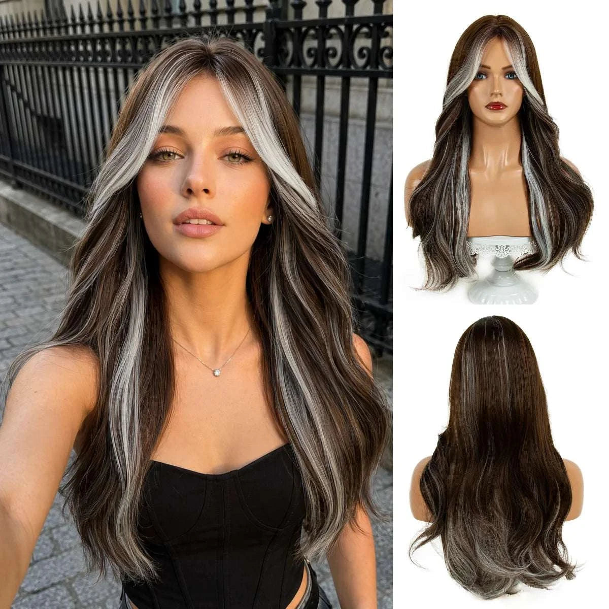REEWES Ombre Blonde Long Black Wavy Synthetic Wig With Bang Daily Wear Anime Cosplay Khamik Shop Online