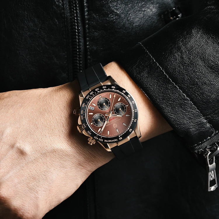 PAGANI DESIGN Men Quartz Chronograph Watch RoseGold Case Black Ceramic Bezel Brown Dial Rubber Strap Waterproof Sports watch+box Khamik Shop Online