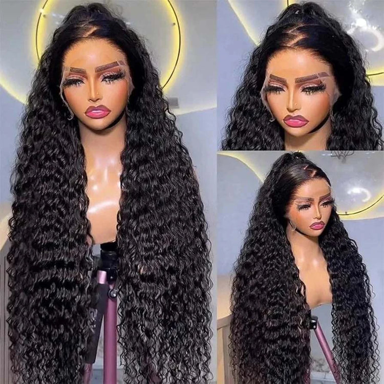 Perruque en cheveux humains ondulés profonds, densité 300%, dentelle transparente 13x4 13x6, sans colle, naturelle 1B.