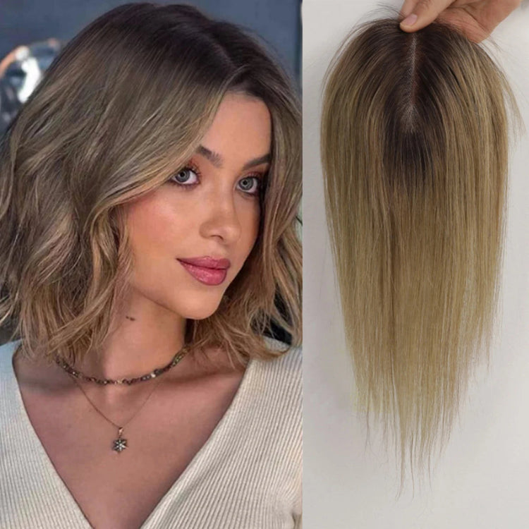 Brown Mixed Blonde Human Hair Toppers Middle Part 100% Remy Human Hair Straight Lace Base Clip in Hairpieces for Women Loss Hair Khamik Shop Online
