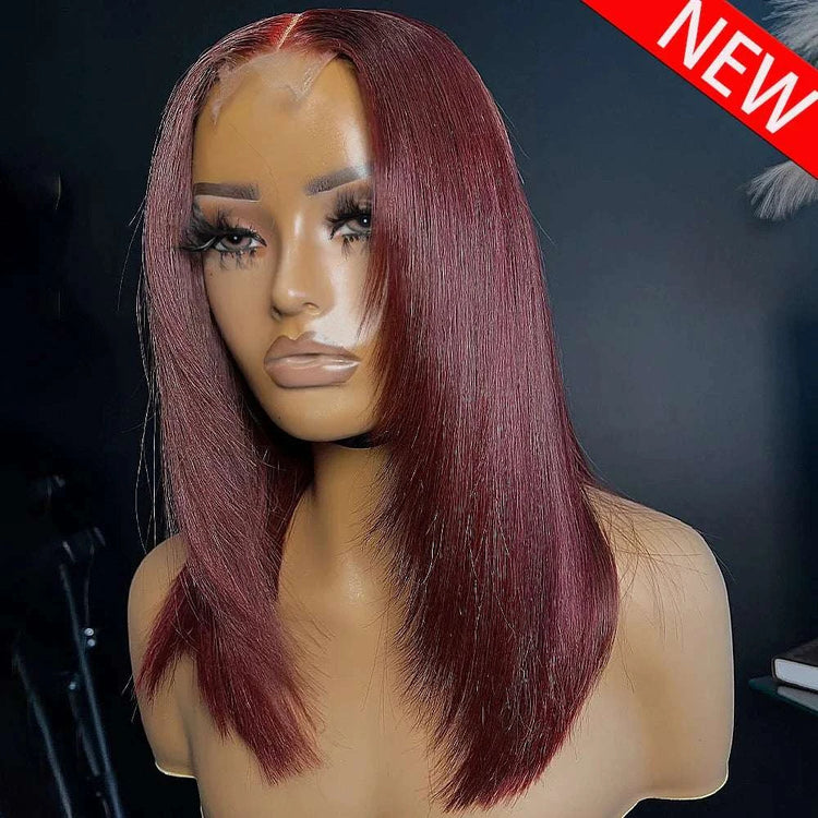 Perruque Glueless 14 Inch Bourgogne droite avec dentelle transparente HD et densité 400, cheveux humains pré-épilés.