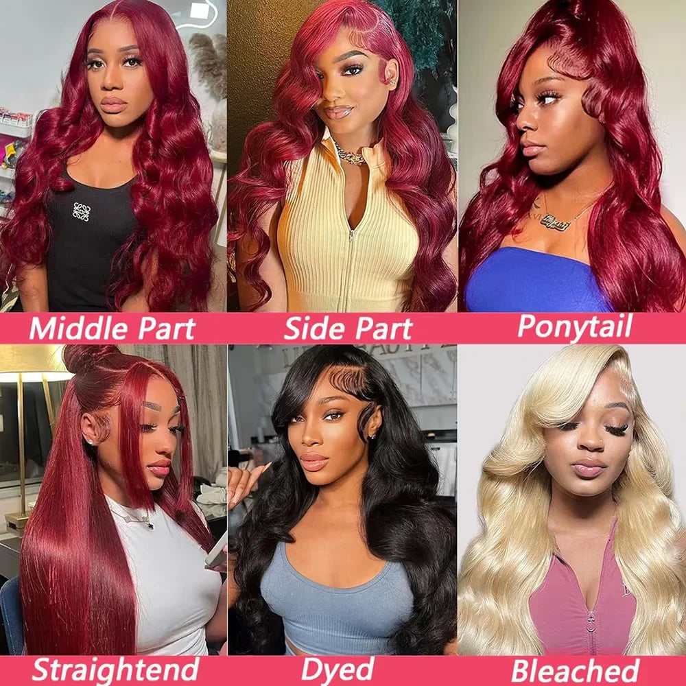 99J Burgundy Red 34 Inch Body Wave Lace Front Wigs 13x4 HD Transparent Human Hair Pre Plucked Dark Burgundy 99J Colored Wig 13x6 Lace  Wigs Pre-Plucked Body Wave Hairstyle For Women Khamik Shop Online