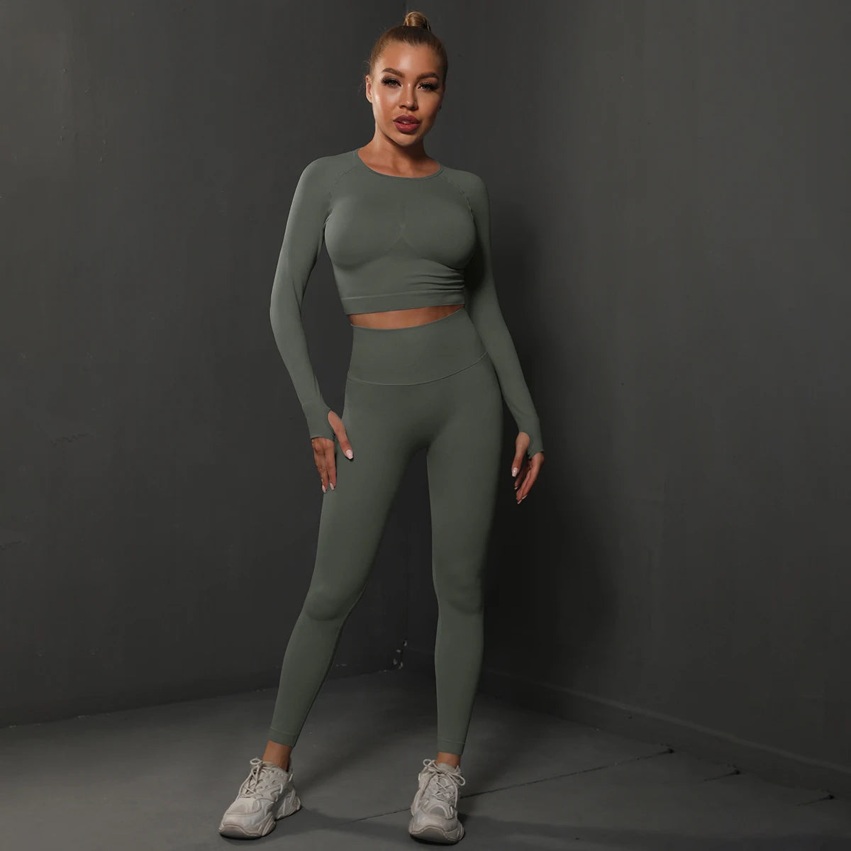 2Pcs Women Sets Energy Seamless Gym Suits Bubble Butt Sports Pants+Long Sleeve Shirts Push Up Running Sets Tracksuits Tights Set Khamik Shop Online