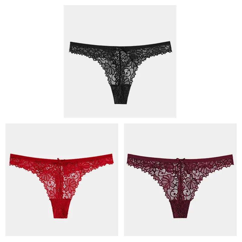 3Pcs/Lot Sexy Lace Thong Low Waist Lace Transparent Panties Women Hollow Out Breathable G String Briefs Bow Underwear Lingerie