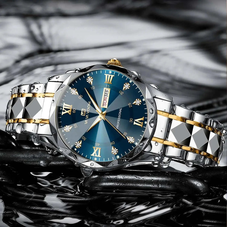 VA VA VOOM Hot Selling Original Blue Gold Quartz Watch Men Fashion High Quality Japanese Movement Gold Stainless Steel Fashion Clock Sports Gift Watch Men Rhombus Design Business Quartz Watch Men Fashion Gold Clock Sports Gift Watch for Men Khamik Shop Online