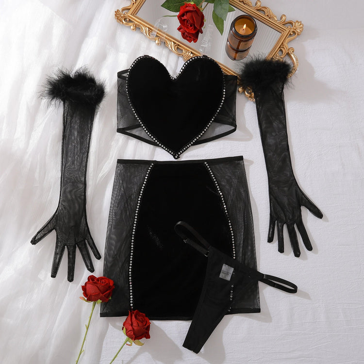 Luxury Lingerie Sexy Red Strapless Love Vest Wrap Hip Dress Set Comfortable See Through Mesh Erotic Four Piece Set Khamik Shop Online