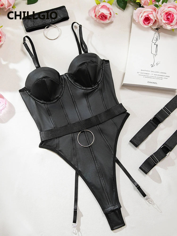 CHILLGIO Women Sexy PU Strappy Rompers Lingerie Ins Erotic Push Up Catsuits Fashion Faux Leather One Piece Combination Bodysuits Khamik Shop Online