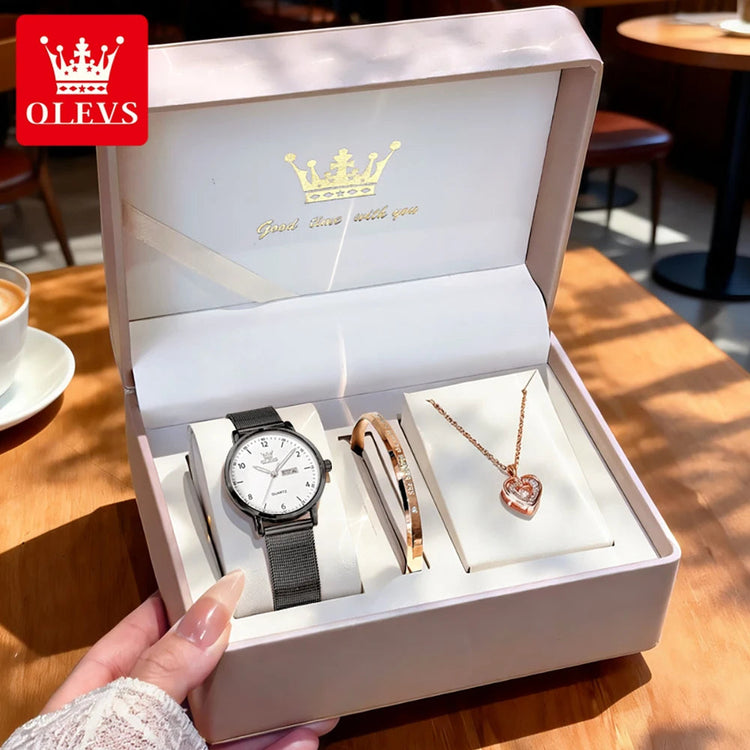 OLEVS 2996 Women Watches Original Elegant Slim Quartz Watch Waterproof Dual Calendar Display Watches For Woman Gift Box Reloj Khamik Shop Online