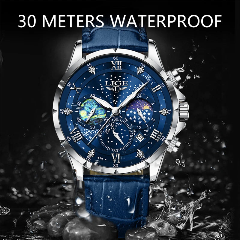2024  Men'S Watch Luxury Waterproof Male Clock Moon Phase Date Casual Blue Leather Quartz Chronograph Men'S Wristwatch Reloj
