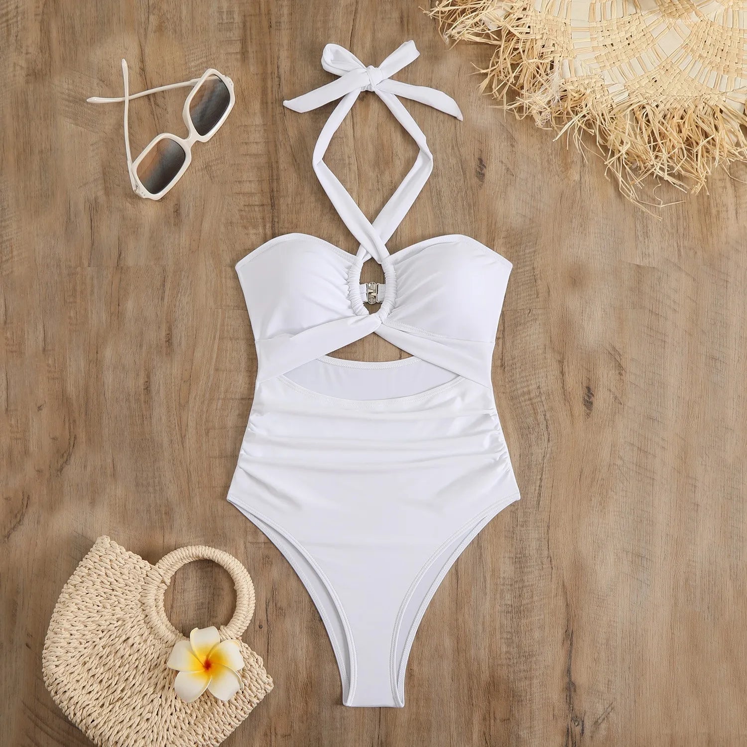 Women Swimsuit Halter Neck Solid Swimsuit Backless Waist Cinching Bathing Suit Ruched Bust High Cut Swimwear Black Woman Khamik Shop Online