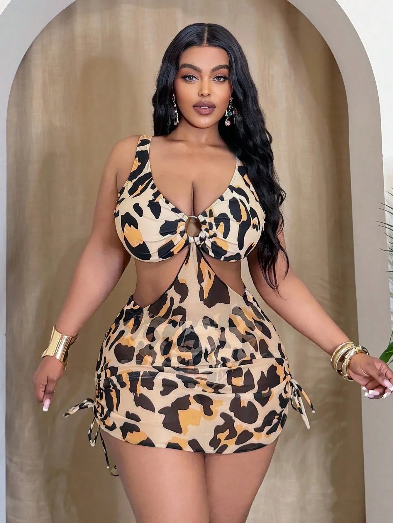 Leopard Print 2-Piece Swimsuit With Front Ring Cutout And Mesh Hem Khamik Shop Online