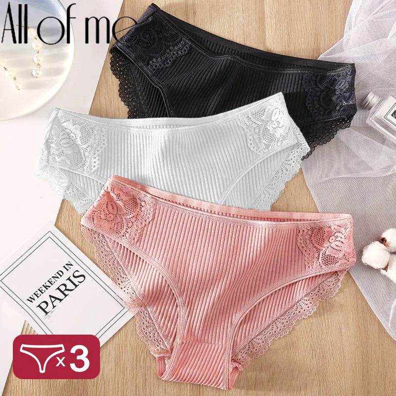 3PCS/Set 6 Color Women Panties Cotton Lace Briefs Solid Color for Female Striped Sexy Cotton Underwear Lingerie Low Waist Flower Khamik Shop Online