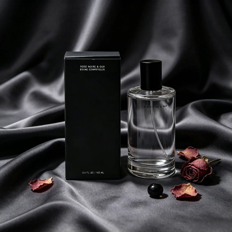 Black Rose & Oud Unisex Eau de Parfum Dark Elegant Floral Oud Woody Scent Minimalist Clear Cylinder Bottle Matte Black Cap Simple Black Gift Box Long Lasting Neutral Luxury Fragrance Premium Holiday Gift for Men and Women Khamik Shop Online