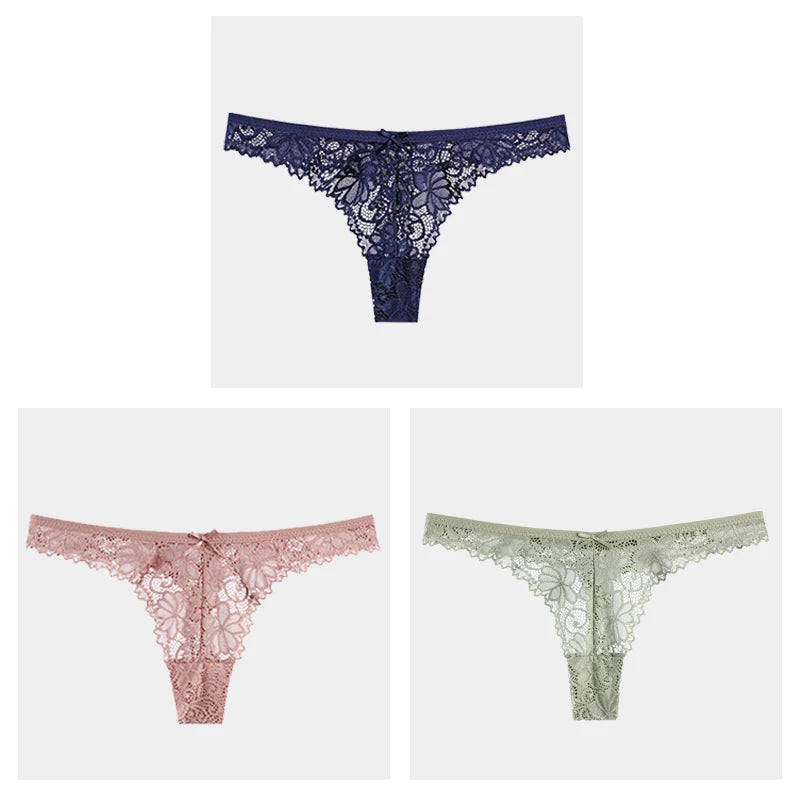 3Pcs/Lot Sexy Lace Thong Low Waist Lace Transparent Panties Women Hollow Out Breathable G String Briefs Bow Underwear Lingerie