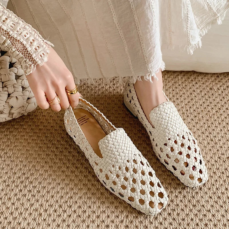 2026 Fashion Hot Sale Genuine Leather Braided Sandals Women Low Heel Breathable Summer Loafers Sandals Female Leisure Pumps Khamik Shop Online