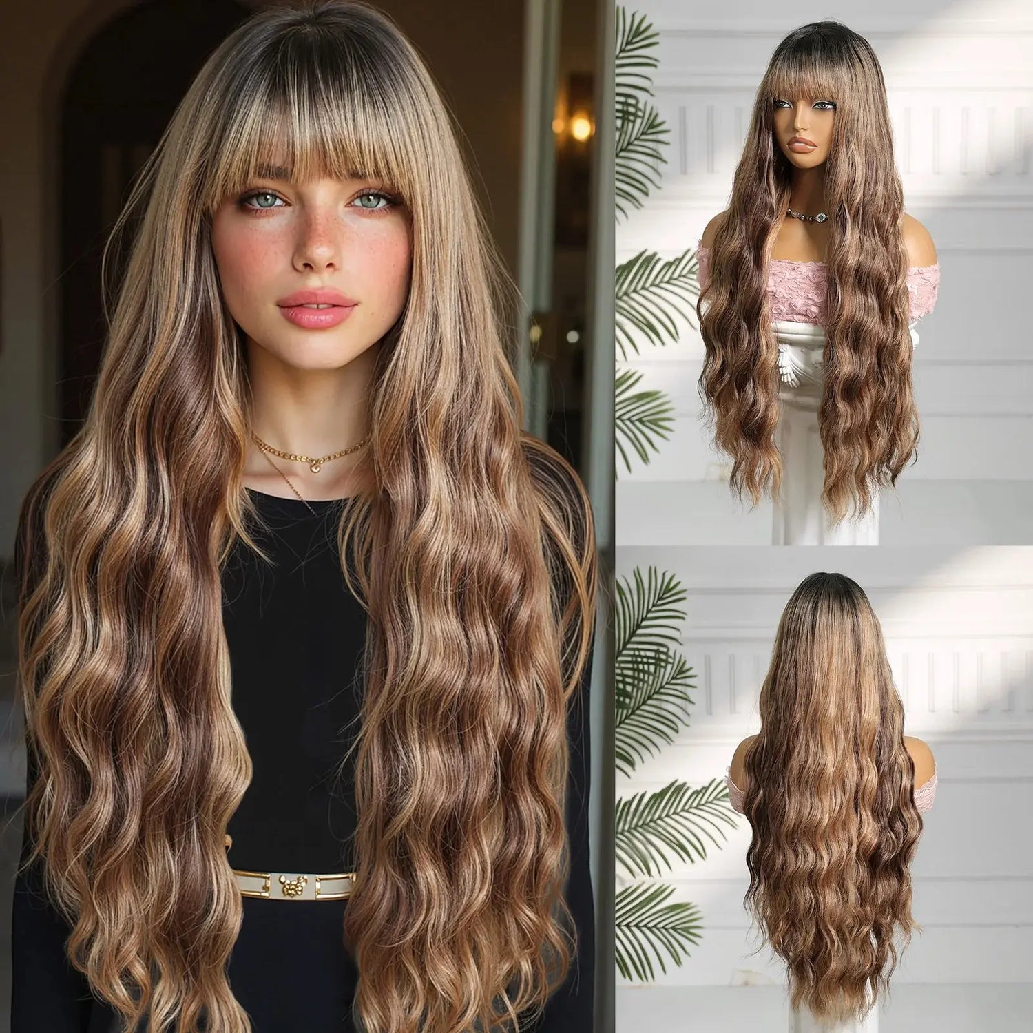 LOUIS FERRE Long Wavy Ombre Brown Wig with Bangs Synthetic Hair Wig Heat Resistant Daily Wear Office Party Cosplay Halloween Khamik Shop Online
