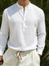Men Cotton Linen Stand Collar Henley Long Sleeve Shirt Half Button Textured Casual Summer Top Khamik Shop Online