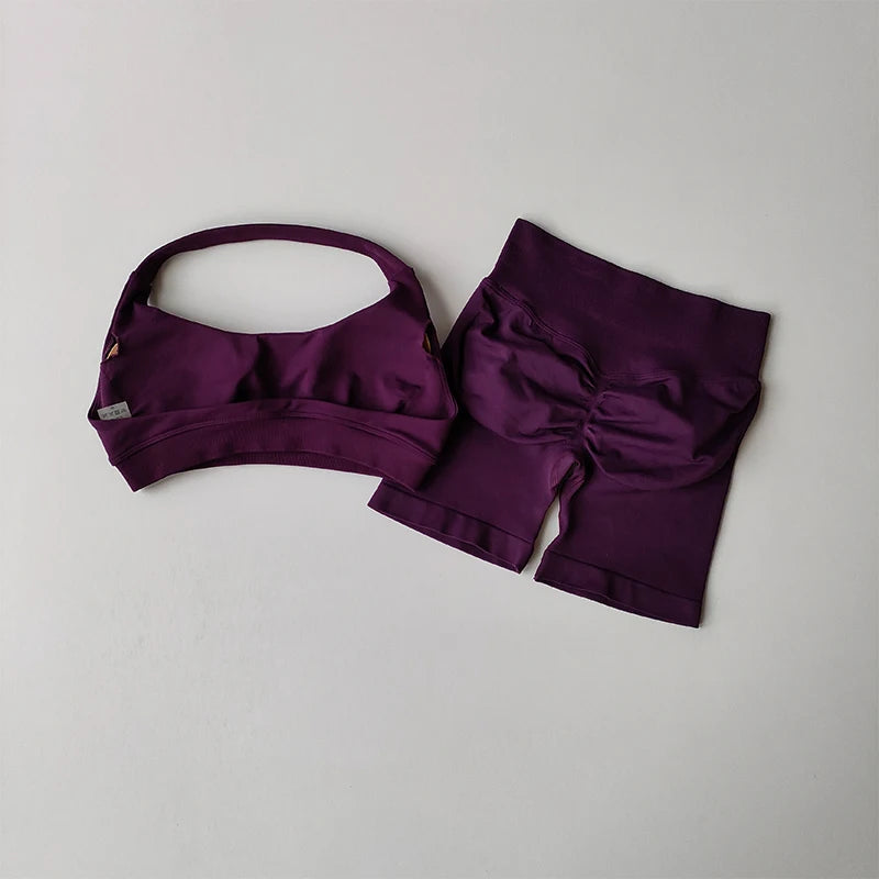 Sexy Halter Neck Beautiful Back High Waist Peach Sports Bras Shorts Suit Pilates Gathering Yoga Vest Training Fitness Bra Sets Khamik Shop Online