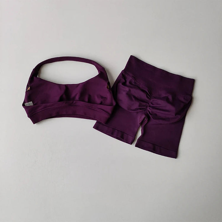 Sexy Halter Neck Beautiful Back High Waist Peach Sports Bras Shorts Suit Pilates Gathering Yoga Vest Training Fitness Bra Sets Khamik Shop Online
