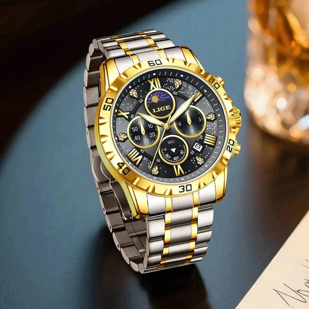 LIGE Top Brand Luxury Quartz Man Watch Casual Sport Waterproof Stainless Luminous Chronograph 24H Moon Phase Watches for Men+Box Khamik Shop Online