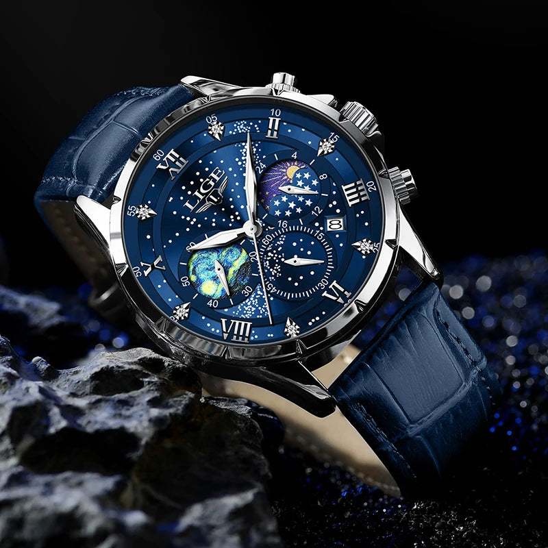 2024  Men'S Watch Luxury Waterproof Male Clock Moon Phase Date Casual Blue Leather Quartz Chronograph Men'S Wristwatch Reloj